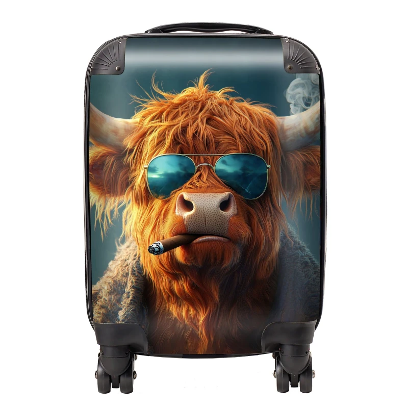 Image of Warren Reed - Designer Highland Cow With Glasses Suitcase in Blue Size: Small Blue Unisex Small