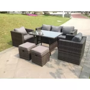 Image of Fimous 5 Seater Outdoor Dark Grey Rattan Lounge Complete Sofa Set with Large Dining Table and 2 Stools
