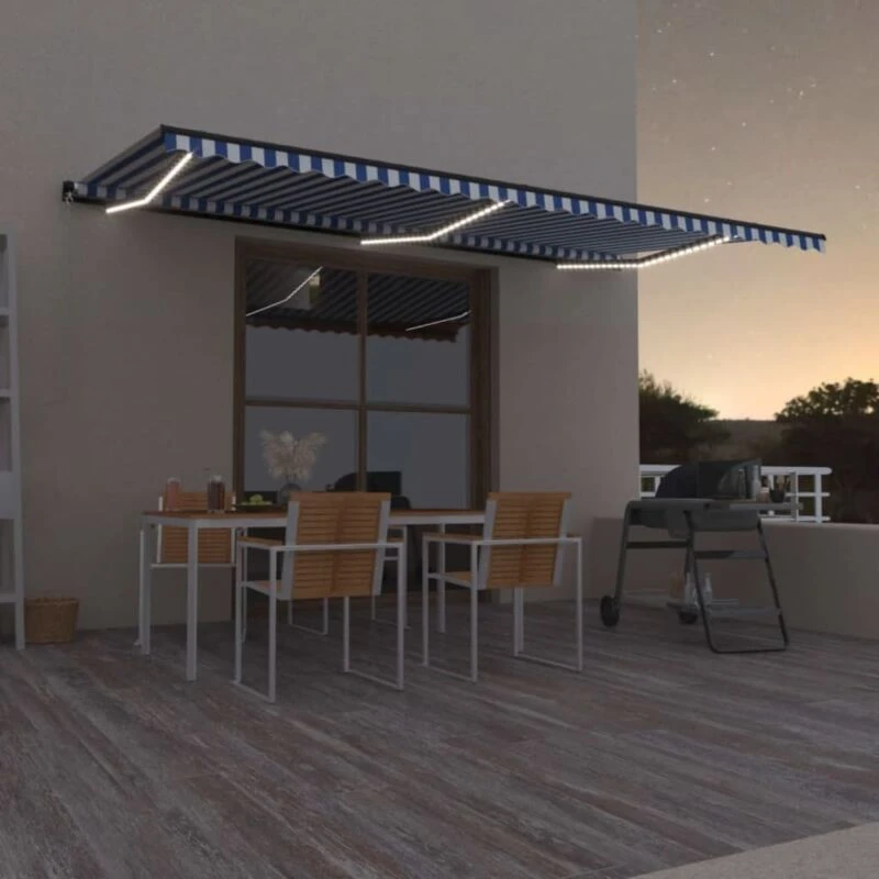 Image of VIDAXL Manual Retractable Awning with LED 600x350cm Blue and White Vidaxl 8720286395653