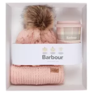 Image of Barbour Womens Trartan Travel Mug and Beanie Set Pink/Grey One Size