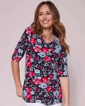Image of Cotton Traders Womens ½ Sleeve V-Neck Print Jersey Top in Blue