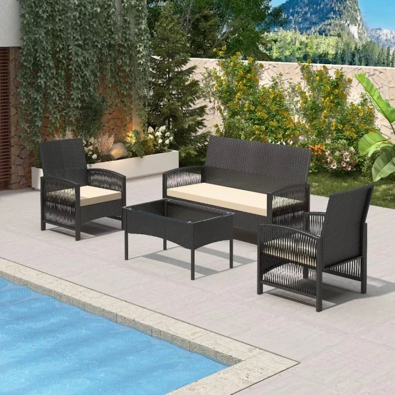 Image of MCC Direct Rattan Furniture 4 Piece Set Garden Patio Seating with coffee table Black Black