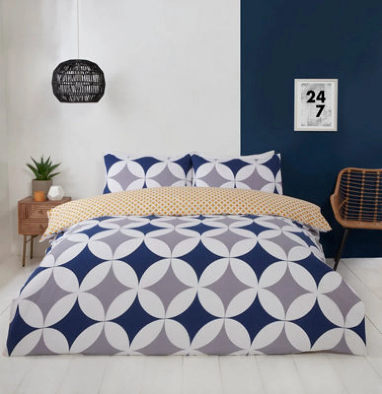 Image of Rapport Home Geo Polycotton Duvet Cover Set With Pillowcase in Blue Size: King Blue Unisex King