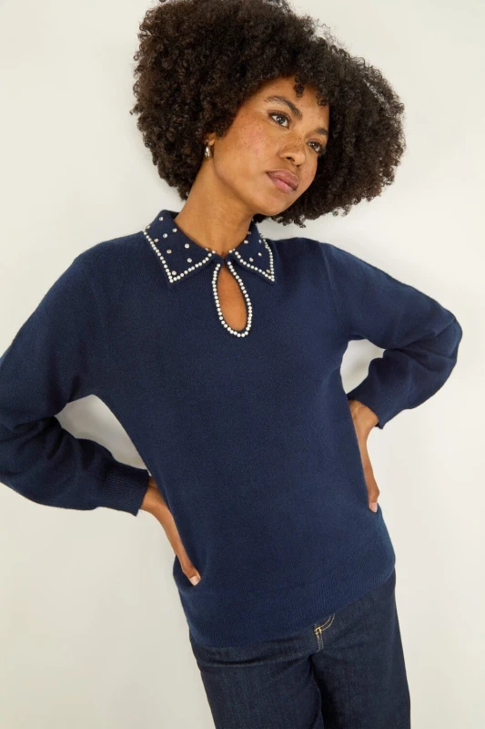 Image of Roman Womens Faux Pearl Collared Keyhole Knit Jumper in Navy Size: 14 Navy Female 14