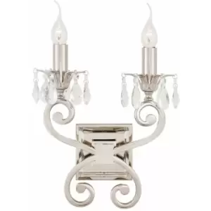 Image of Loops - Esher Luxury Twin Curved Arm Traditional Wall Light Bright Nickel Crystal Drop