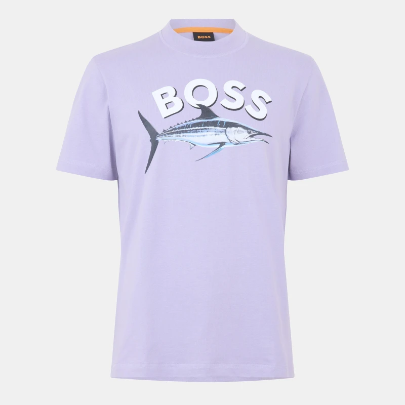 Image of Boss Mens BOSSfish Cotton Short Sleeve Graphic T-Shirt Open Purple male S
