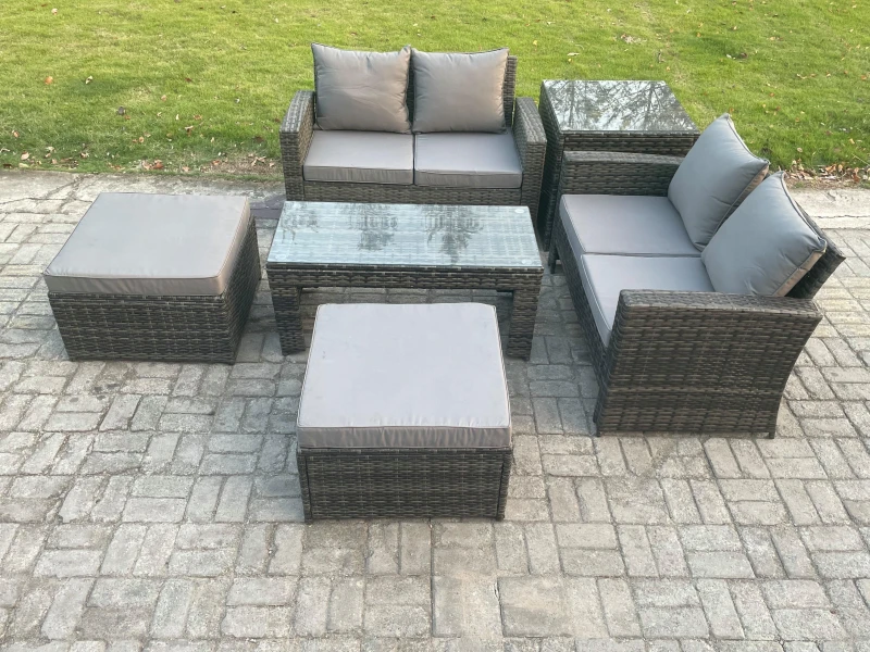 Image of Fimous High Back Rattan Garden Furniture Sofa Sets with Rectangular Coffee Table Side Table 2 Big Footstool Dark Grey Mixed Dark Grey Unisex
