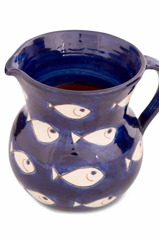 Image of Verano Spanish Ceramics Signature Blue & White Fish Hand Painted Ceramic Kitchen Dining Large Jug 1.5L (H) 19cm White Unisex