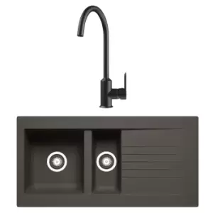 Image of Essence 1.5 Bowl Undermount Kitchen Sink & Kitchen Mixer Tap in Black