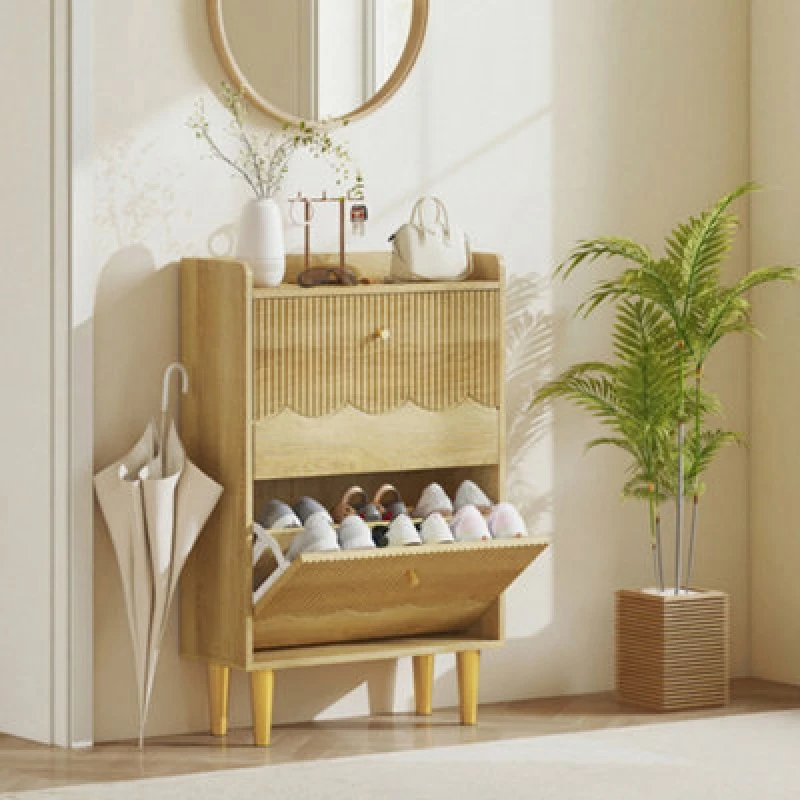 Image of HOMCOM Narrow Shoe Cabinet, Shoe Storage Cabinet with 2 Flip Drawers, Oak in Natural Natural Unisex