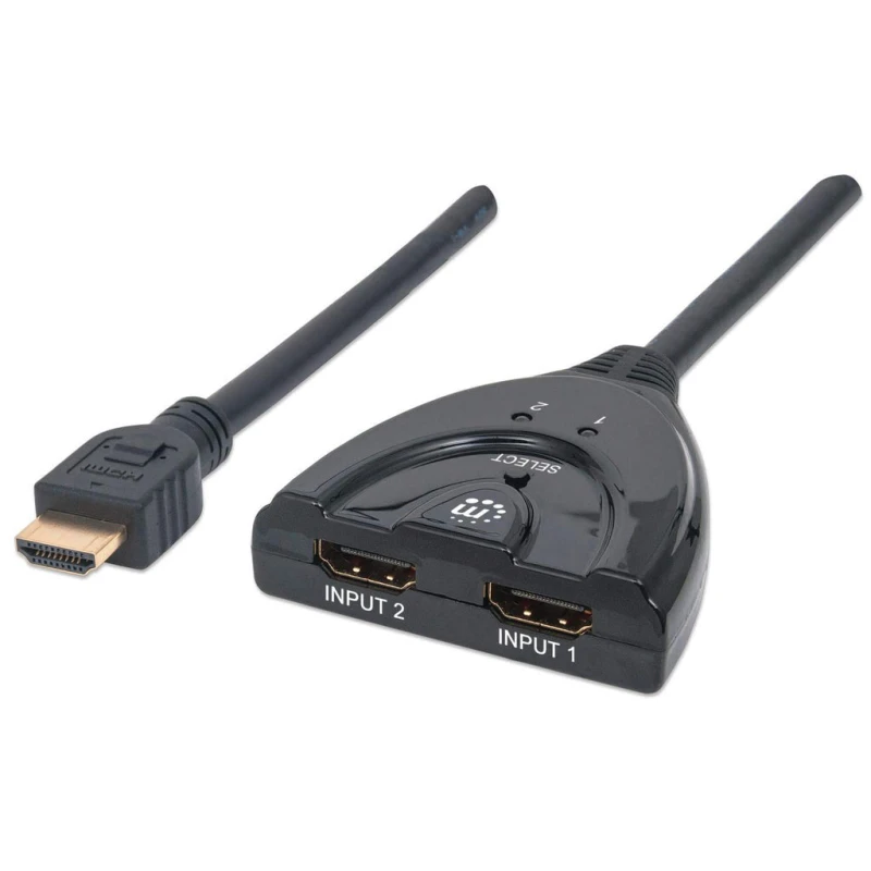 Image of Manhattan Manhattan HDMI Switch 2-Port 1080p Connects x2 HDMI sources to x1 display Manual Switching (via button) Integrated Cable (50cm) No external