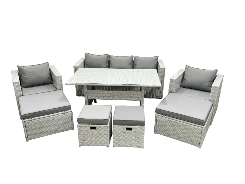 Image of Fimous Rattan Garden Furniture Set Outdoor 9 Seater Patio Dining Sets with Glass Top Dining Table Light Grey Mixed Light Grey