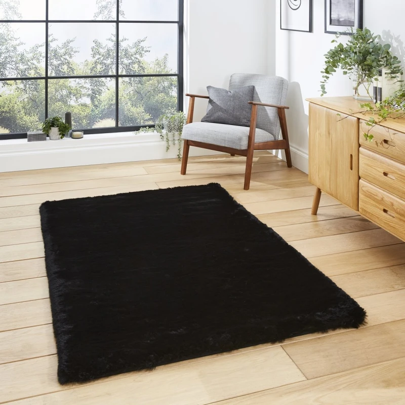 Image of Think Rugs Super Teddy Black Rug-Rectangle 120 x 170 cm/Polyester-Plain Shaggy SUPTEDBLK1217