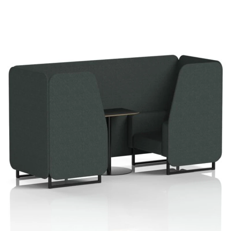 Image of Brixworth 2 Seater Office Booth with Front Panel - Black Legs and Black Table with Black Leg in Rivet Fabric - Charcoal Panels and Sofa