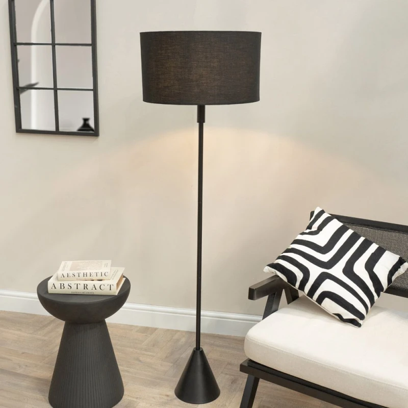 Image of ValueLights ValueLights Mitch Fabric Drum Shade Black Wood Single Stem Triangle Floor Lamp Black One Size Unisex 5059406064586