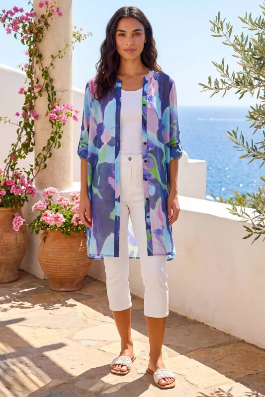 Image of Roman Womens Abstract Print Button Longline Blouse in Purple Size: 12 Purple Female 12