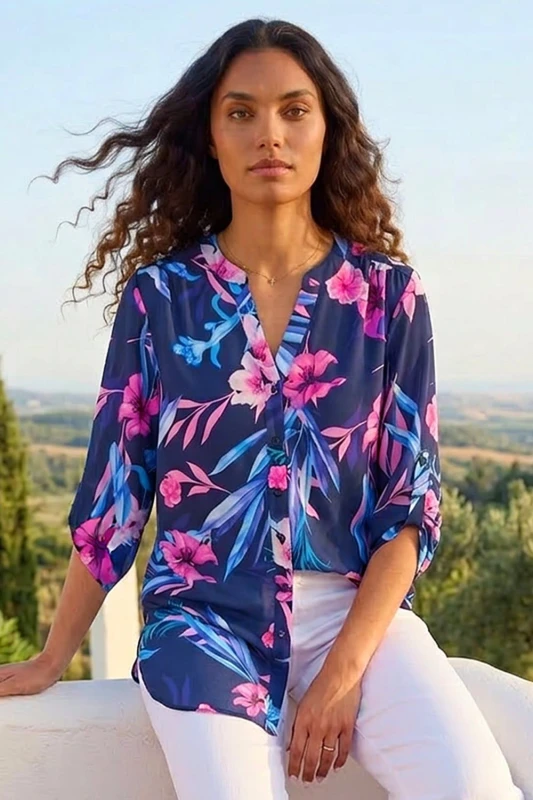 Image of Roman Tropical Print Longline Blouse Pink