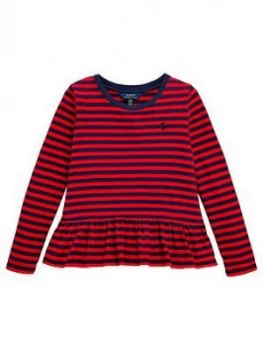 Image of Ralph Lauren Girls Long Sleeve Stripe Peplum T-Shirt - Red