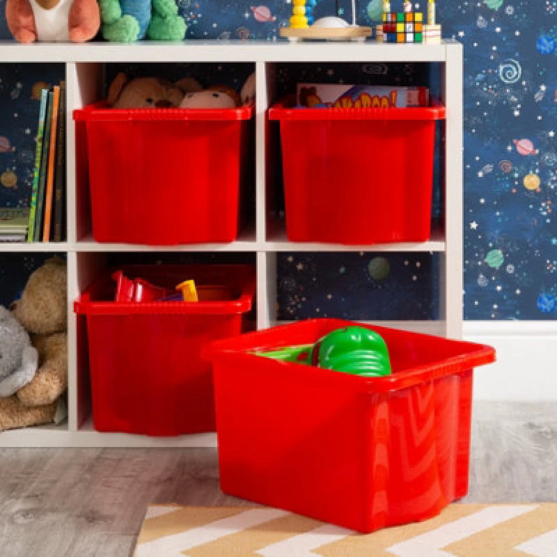 Image of Wham Stack & Store 4X 24L Plastic Storage Boxes. Ideal For Toys, Classrooms & Playrooms. Integrated Handles. Red