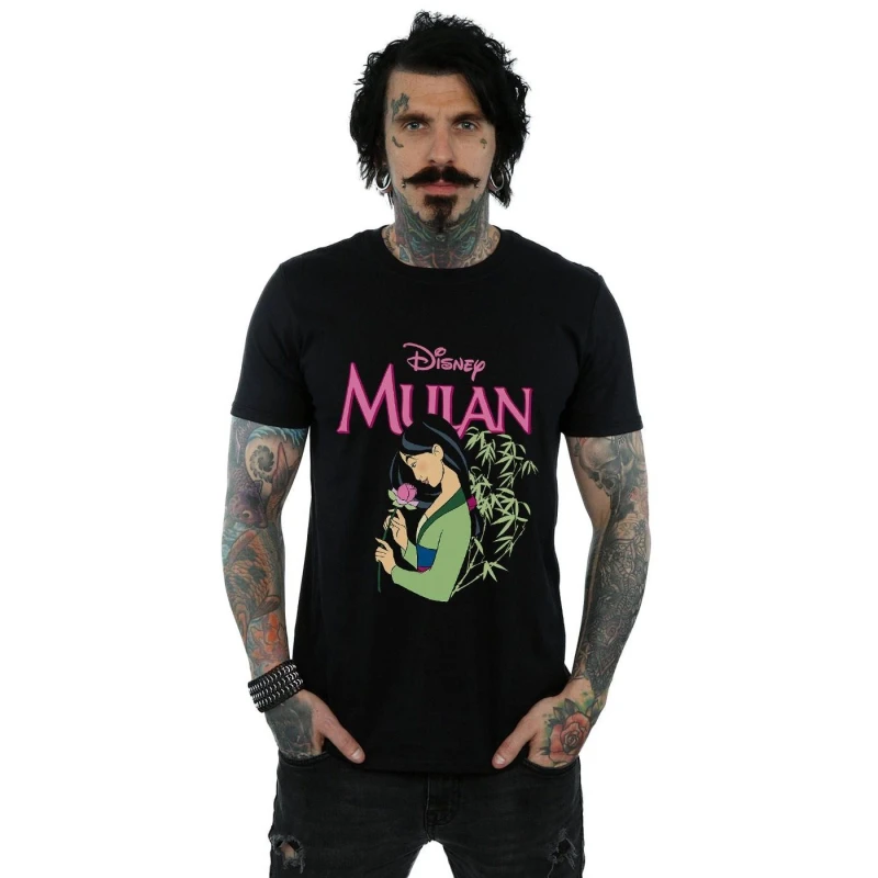 Image of Disney Men Mulan Pink Magnolia T-Shirt in Black Size: Small Black S Male 5059308822826