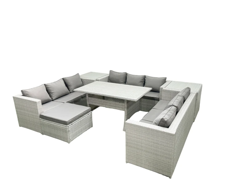 Image of Fimous Rattan Garden Outdoor Furniture Set 10 Seater Garden Sofa Rectangulr Dining Table Set with Big Footstool 2 Side Tables Light Grey Mixed Light G