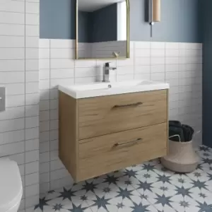 Image of Hudson Reed Juno Wall Hung 2-Drawer Vanity Unit with Basin 4 800mm Wide - Autumn Oak