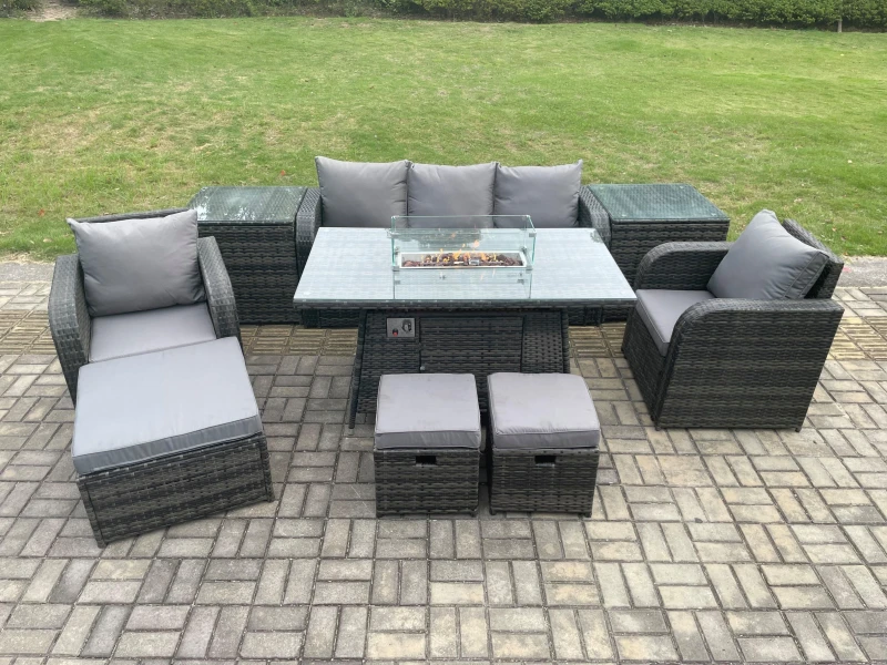 Image of Fimous Wicker Rattan Garden Furniture Sofa set Gas Fire Pit Dining Table Indoor Outdoor with 2 Side Table Chair 3 Footstools Dark Grey