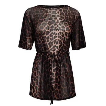 Image of Linea Print Mesh Top with Tie Detail - Animal Print
