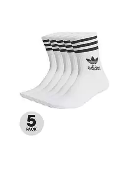 Image of adidas Originals 5 Pack of Mid Cut Stripe Crew Socks - White, Size S, Men