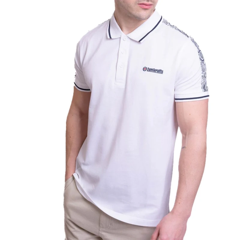 Image of Lambretta Lambretta Men SS24 Paisley Taped Polo Shirt in White Size: X-Large White XL Male 5063703653657