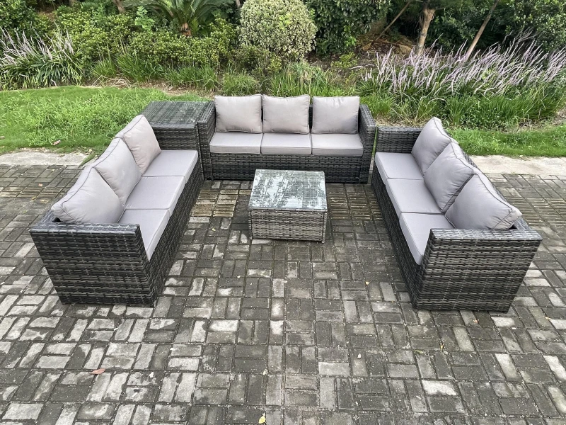 Image of Fimous Rattan Garden Furniture Set 9 Seater Patio Outdoor Lounge Sofa Set with Side Table Square Coffee Table Dark Grey Mixed Dark Grey