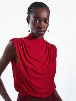 Image of Karen Millen Crepe High Neck Bodysuit - Red, Size L, Women