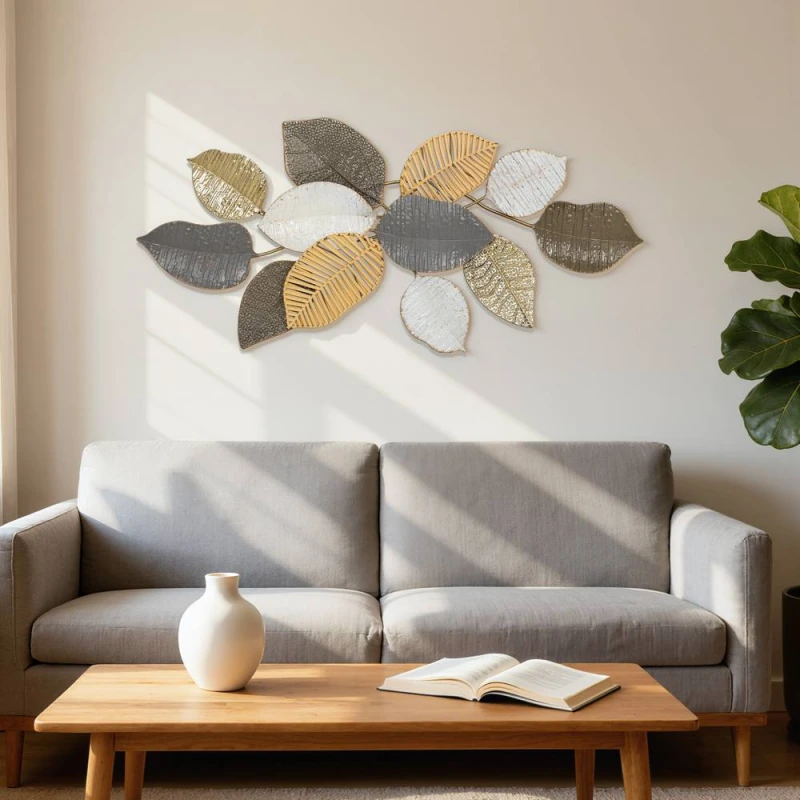 Image of HOMCOM Modern Wall Art with Leaf Design, Metal Hanging Decoration in Tan Tan Unisex