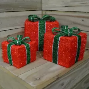 Image of Set of 3 Indoor LED Gift Red Boxes / Green Bow with Warm White Lights 15-25cm