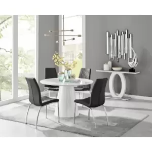 Image of Furniturebox Palma White High Gloss 4 Seat Minimalist Post Modern Round Dining Table & 4 Black Isco Chairs