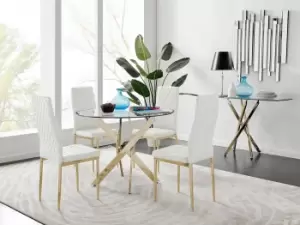Image of Novara 100cm Round Tempered Glass Dining Table with Gold Legs & 4 Milan Faux Leather Chairs