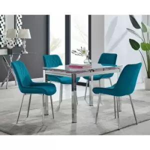 Image of Enna White Glass Extending Dining Table and 4 Blue Pesaro Silver Leg Chairs - Blue