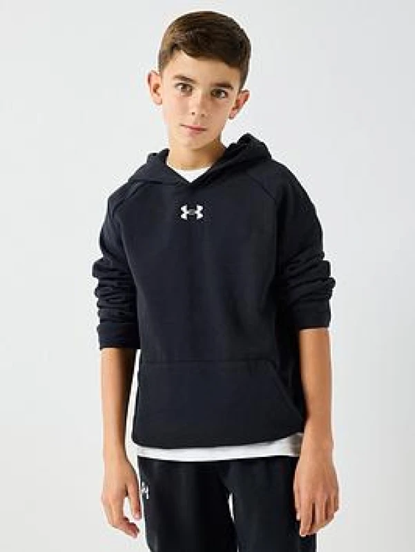 Image of Under Armour Boys Rival Fleece Hoodie - Black/White, Size M=9-10 Years Black/White VLNZP Unisex M=9-10 YEARS