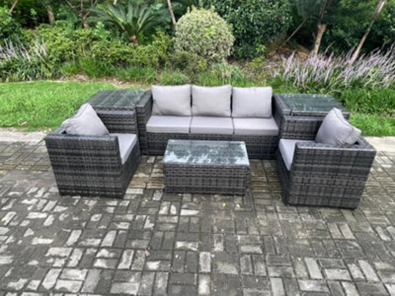 Image of Fimous Rattan Garden Furniture Set with 3 Seater Sofa Coffee Table 2 Side Tables Indoor Outdoor Patio Lounge Sofa Set Dark Grey