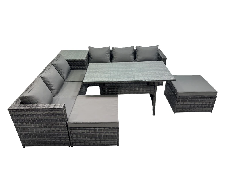 Image of Fimous 8 Seater Garden Rattan Furniture Set with Side Table 2 Big Stool in Dark Grey Dark Grey Unisex
