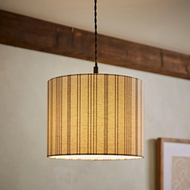 Image of ValueLights ValueLights Hallie Natural Linen Stripe Detail Drum Ceiling Pendant Lamp Shade with LED Bulb Size: Small Natural Small Unisex 5059406065