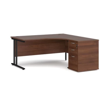 Image of Office Desk Right Hand Corner Desk 1600mm With Pedestal Walnut Top With Black Frame Maestro 25