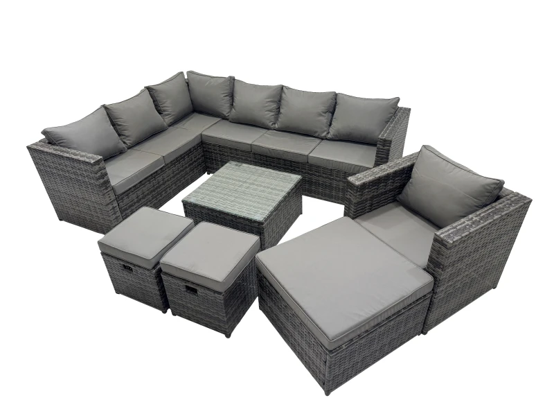 Image of Fimous Patio Furniture Sets with Corner Sofa Chair Coffee Table 3 Footstools in Dark Grey Dark Grey Unisex