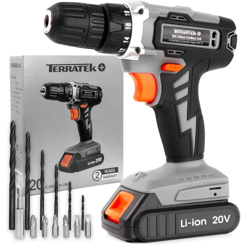 Image of TERRATEK Terratek 18V Cordless Drill Driver Electric Screwdriver Bit Set, LED Light, Battery & Charger Included TP20CD
