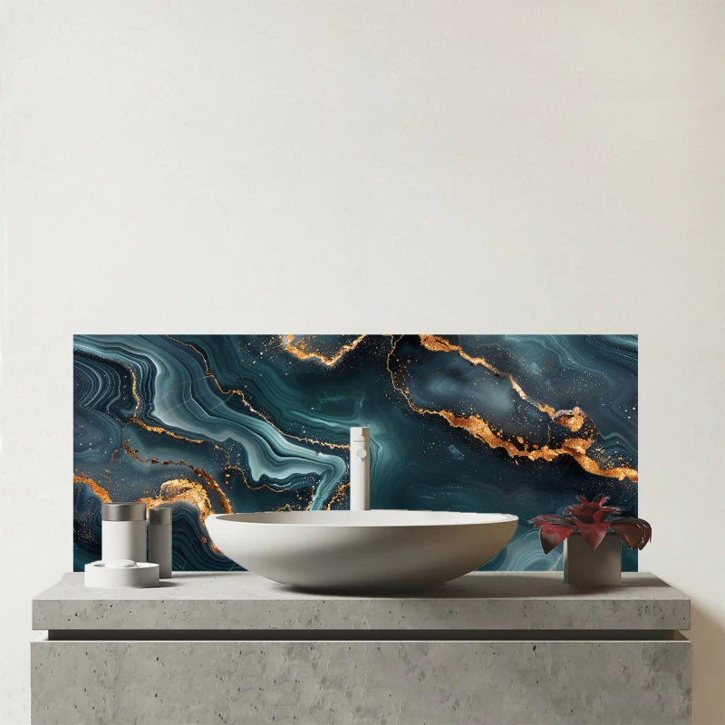 Image of Warren Reed - Designer Gold, Blue Marble Effect Glass Bathroom Splashback Blue Unisex