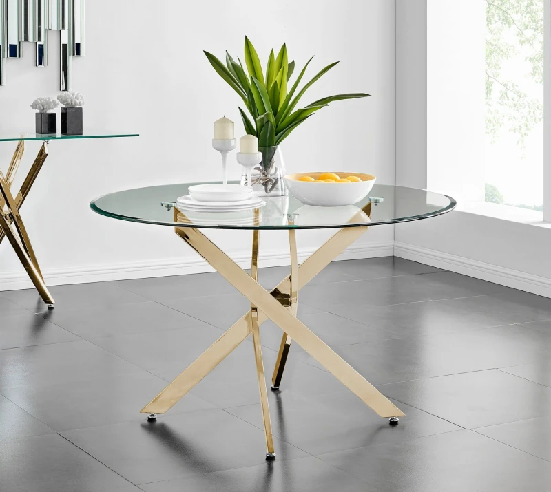 Image of FurnitureboxUK FurnitureboxUK Novara 120cm Round 6-Seater Glass & Metal Starburst Dining Table in Gold Gold One Size Unisex 5056542636363