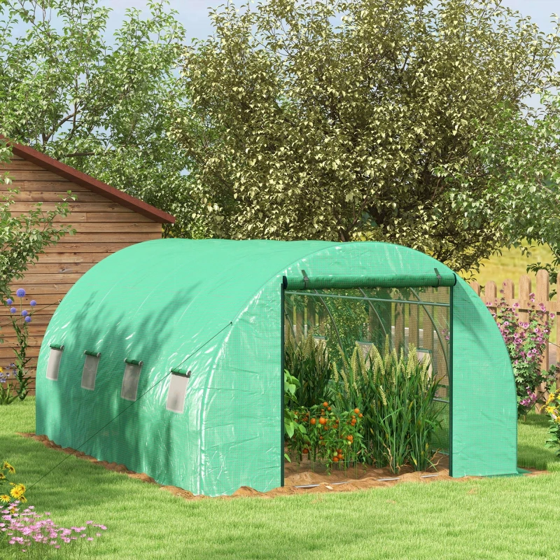 Image of Outsunny Polytunnel Greenhouse with Sprinkler System, Walk-in Green House for Garden with Wide Roll-up Door, 6 Mesh Windows, Green 4 x 3(m) - Green -