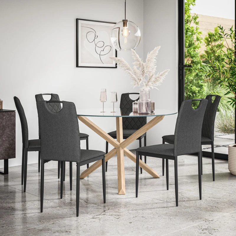 Image of More4Homes Malvern Round Dining Table And Chairs - Clear Glass Table Top W Solid Oak Legs + Monza Fabric Dining Chair Set Of 6 (Charcoal)