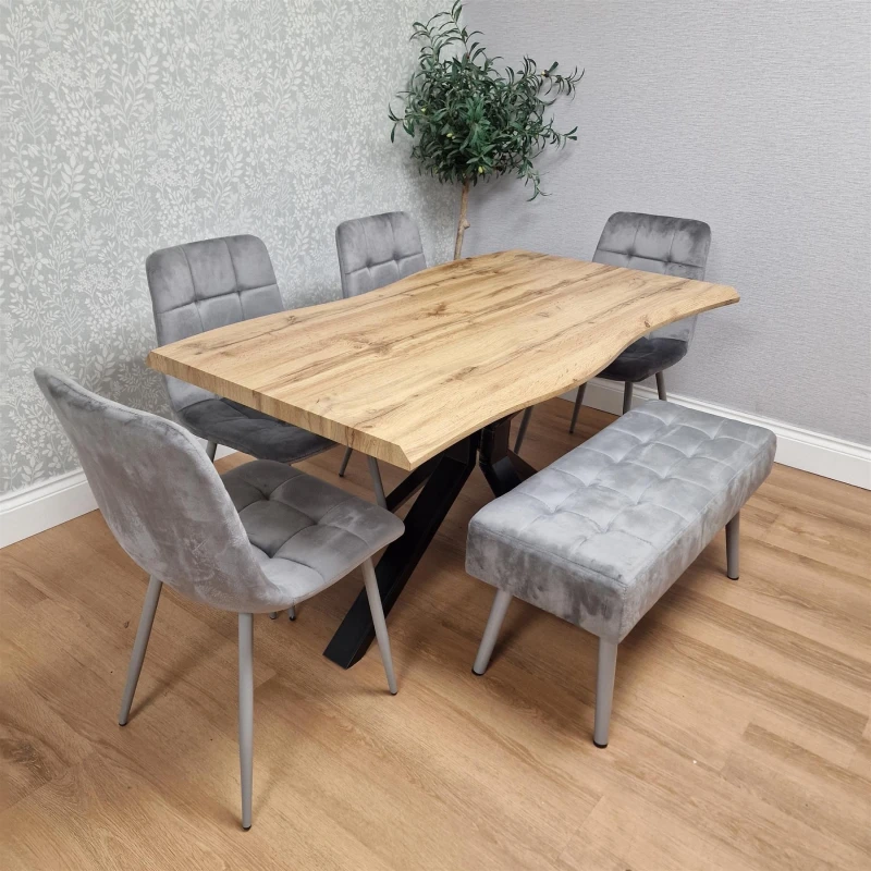 Image of Kosy Koala Modern Dining Table Set Of Brown Table, 4 Grey Velvet Chairs And Velvet Bench, Multi DK140+4GYRC+GRB