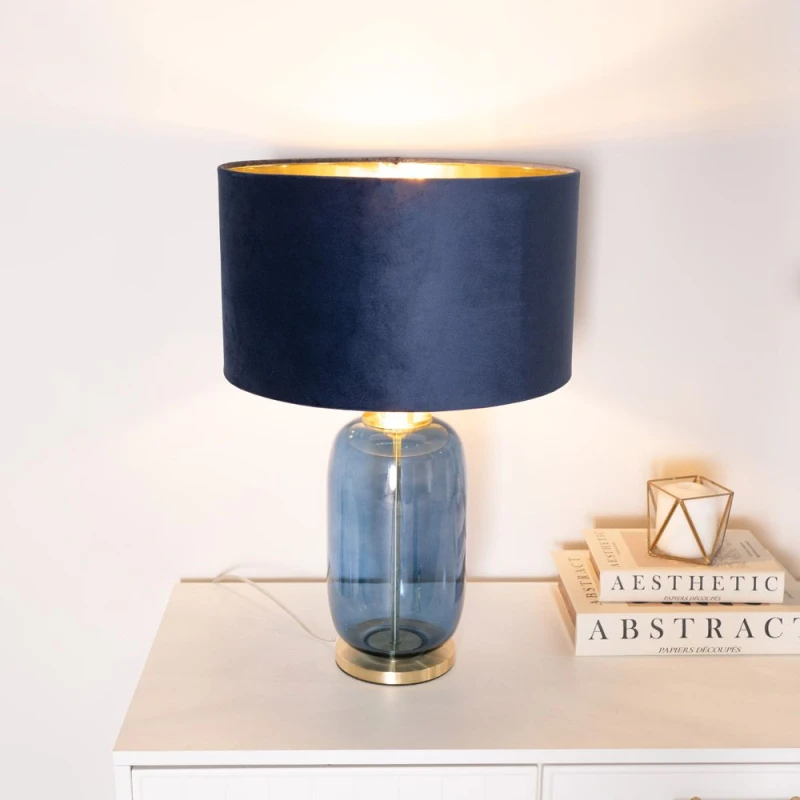 Image of ValueLights ValueLights Leigh Navy and Gold Glass Table Lamp with Navy Velvet & Gold Inner Shade & Bulb in Dark Navy Dark Navy One Size Unisex 5059406